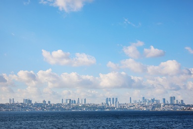 ISTANBUL, TURKEY - AUGUST 11, 2019: City landscape from Bosphorus on sunny day