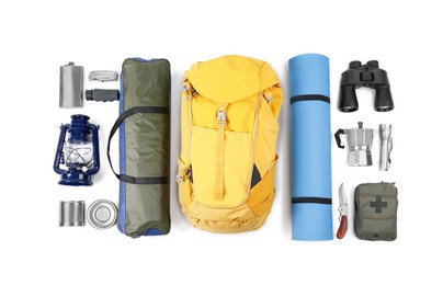 Set of camping equipment on white background, top view. Packing for trip