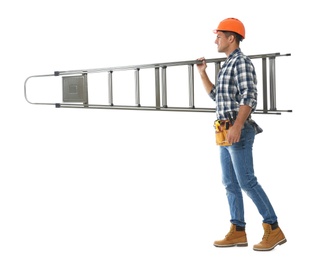 Professional builder carrying metal ladder on white background