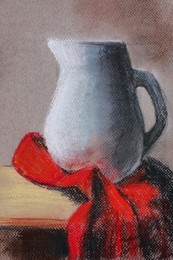 Pastel drawing of jug with red cloth on table