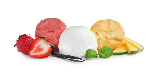 Scoops of different ice creams, fresh fruits and vanilla on white background