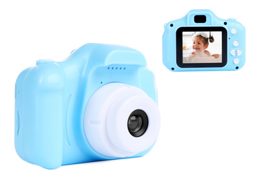 Image of Blue toy cameras on white background in collage, one with photo of cute little girl taking bubble bath