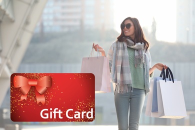 Image of Store gift card. Happy woman with shopping bags 