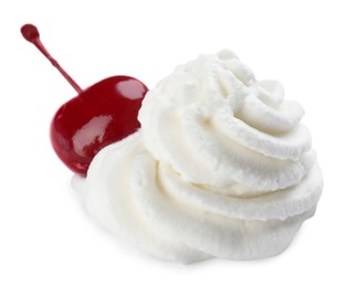 Delicious fresh whipped cream with cherry isolated on white
