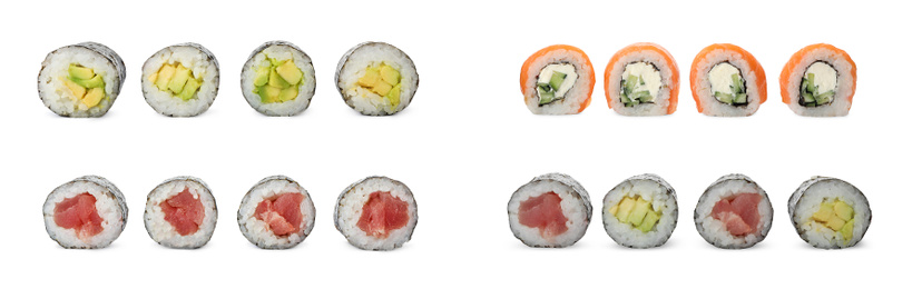 Set with different delicious sushi rolls on white background