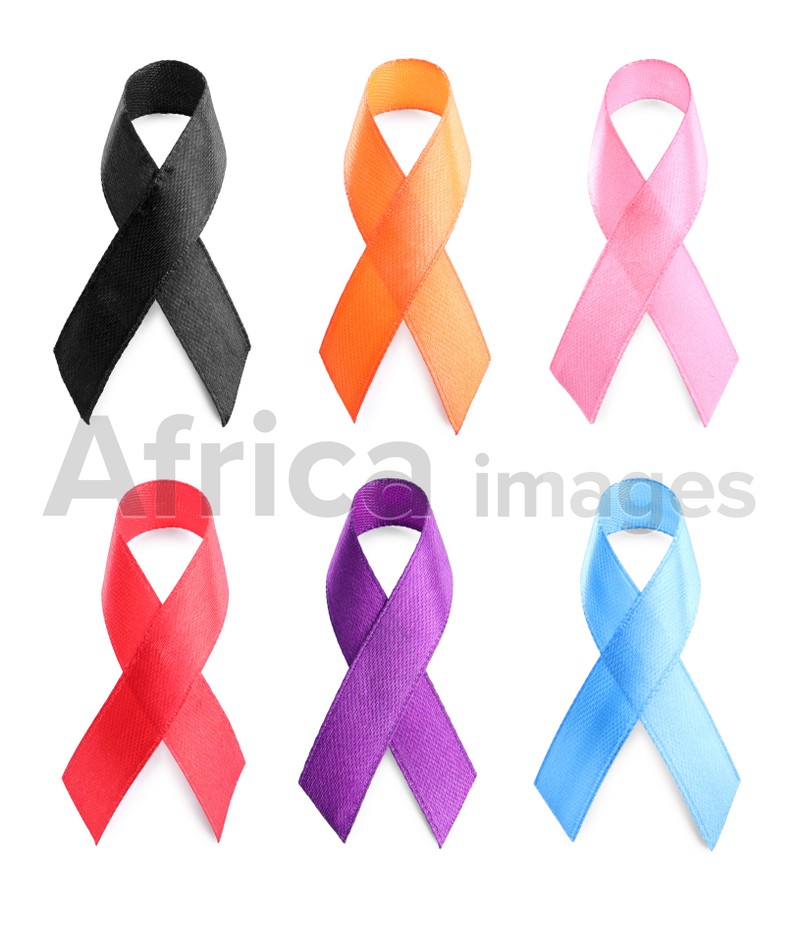Image of Collection of different color ribbons on white background. World Cancer Day