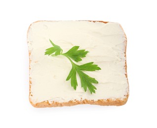 Photo of Delicious sandwich with cream cheese and parsley isolated on white, top view