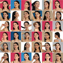 Collage with portraits of young woman on color backgrounds