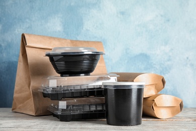 Various takeout containers on table. Food delivery service