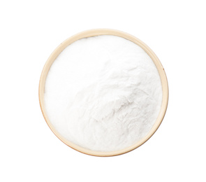 Baking soda in ceramic bowl isolated on white, top view