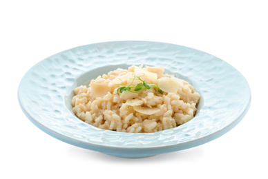Photo of Delicious risotto with cheese isolated on white