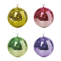 Set with colorful shiny disco balls on white background 