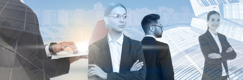 Multiple exposure of business people and cityscape. Banner design