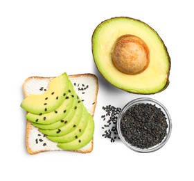 Photo of Delicious toast with cream cheese, avocado and black sesame seeds isolated on white, top view