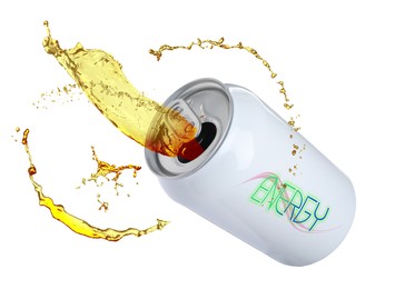 Can of energy drink with splashes on white background