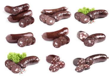 Set with tasty blood sausages on white background 