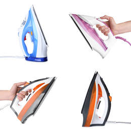 Image of Set with modern electric irons on white background
