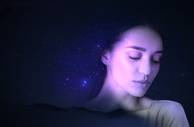 Double exposure of beautiful woman and landscape under starry sky. Astrology concept