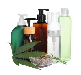 Set of hemp cosmetics with green leaves and seeds isolated on white
