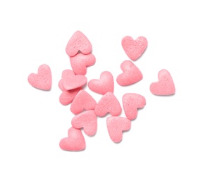 Sweet candy hearts on white background, top view