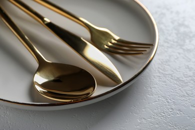 Plate with shiny cutlery on white table, closeup
