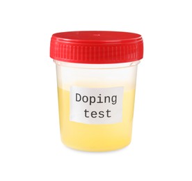 Photo of Jar of urine with words Doping test isolated on white
