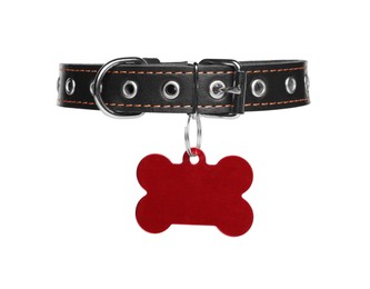 Photo of Black leather dog collar with bone shaped tag isolated on white