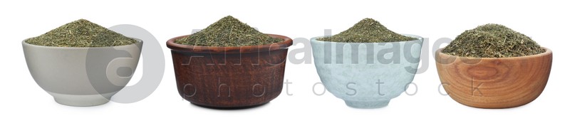 Set with bowls of dry dill on white background. Banner design