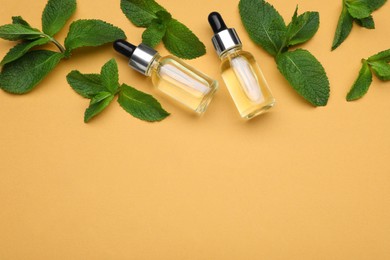 Bottles of essential oil and mint on pale orange background, flat lay. Space for text