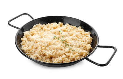 Delicious risotto with cheese isolated on white