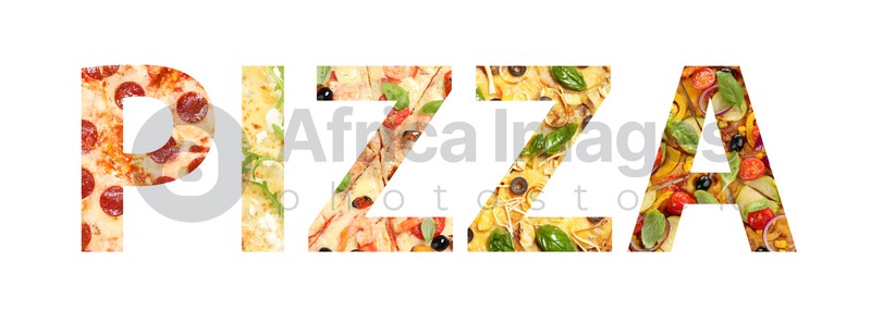 Different tasty pizzas in shape of letters forming word on white background. Banner design