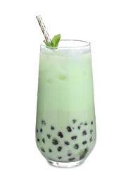 Tasty milk bubble tea with mint isolated on white