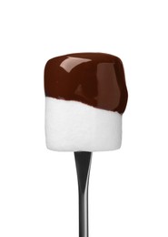 Tasty marshmallow dipped into chocolate isolated on white