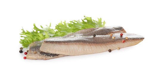 Delicious salted herring fillets with lettuce and peppercorns on white background