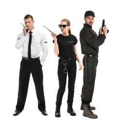 Different professional security guards on white background