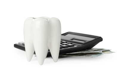 Ceramic model of tooth, calculator and dollar banknotes on white background. Expensive treatment