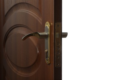 Wooden door with metal handle on white background, closeup