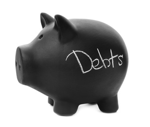 Black piggy bank with word DEBTS on white background