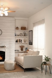 Stylish living room interior with comfortable sofa and beautiful houseplants