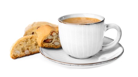 Tasty cantucci and cup of aromatic coffee on white background. Traditional Italian almond biscuits