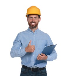 Professional engineer in hard hat with clipboard showing thumb up isolated on white