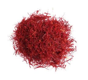 Heap of aromatic saffron on white background, top view