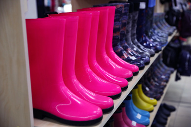 Many colorful gum boots at wholesale market