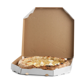 Photo of Delicious hot cheese pizza in takeout box isolated on white