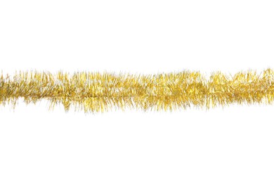 Shiny golden tinsel isolated on white. Christmas decoration