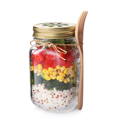 Glass jar with healthy meal and wooden fork isolated on white