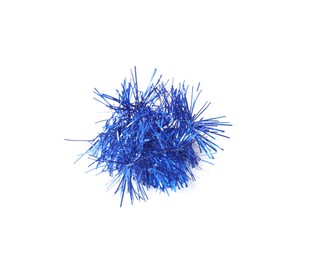 Piece of shiny blue tinsel isolated on white. Christmas decoration