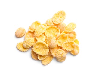 Heap of tasty crispy corn flakes isolated on white, top view
