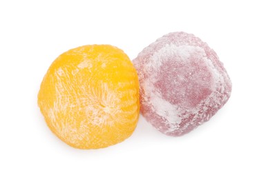 Different delicious mochi on white background,top view. Japanese cuisine
