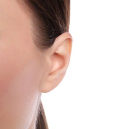Woman on white background, closeup view of ear